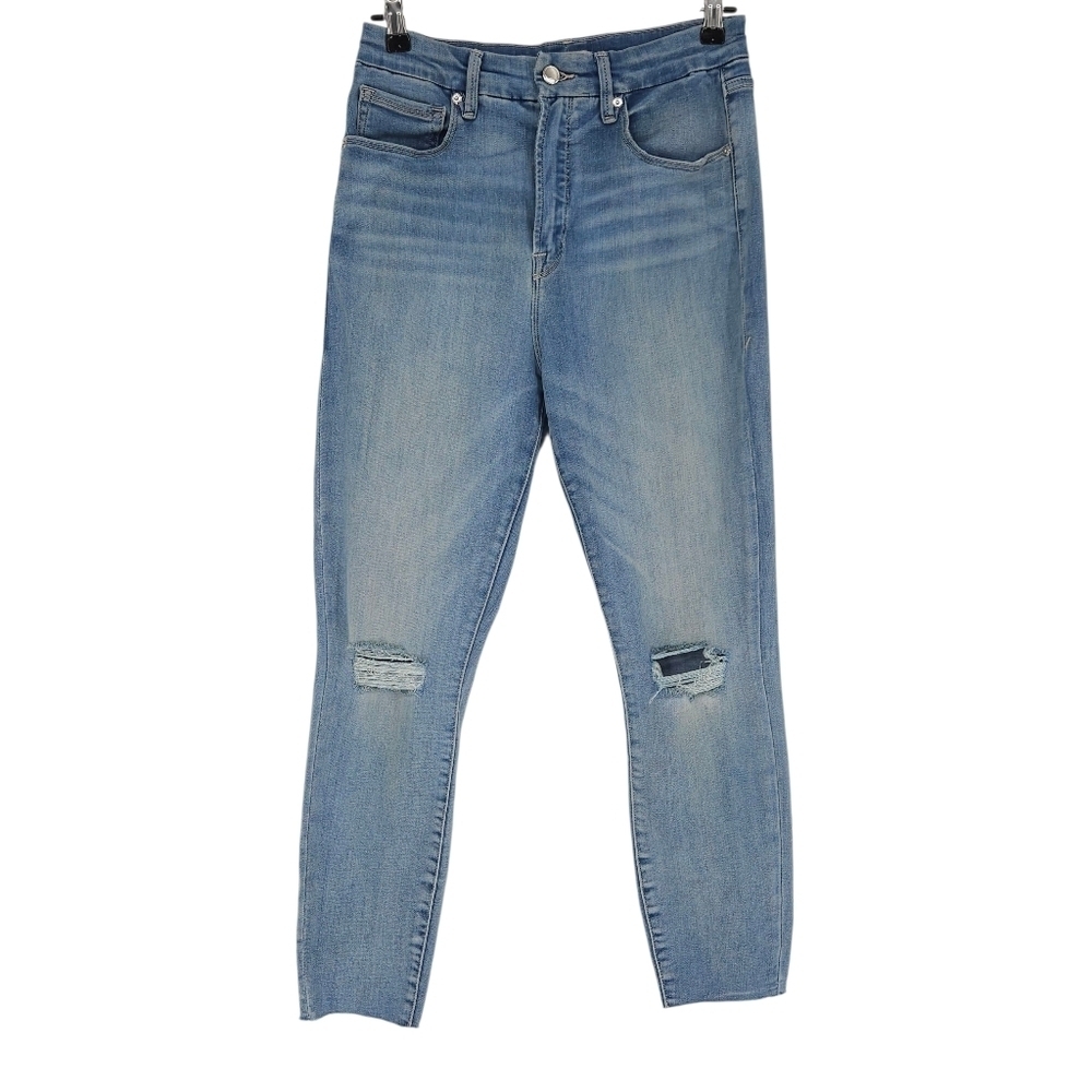 Good American Good Waist Skinny Jeans High Rise Medium Wash Distressed Denim 12